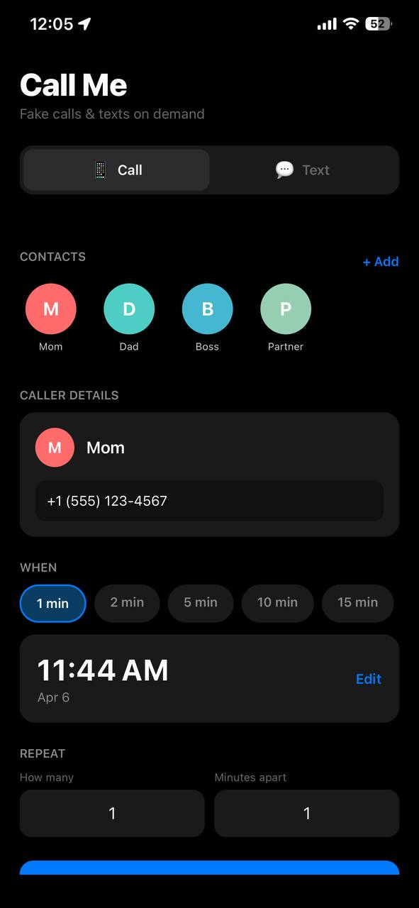 Call Me - Main Screen